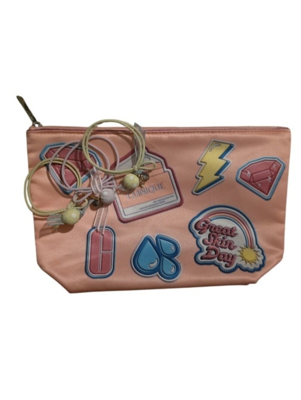 Clinique Pink Sticker-Patch Cosmetic Pouch With Hair Ties
